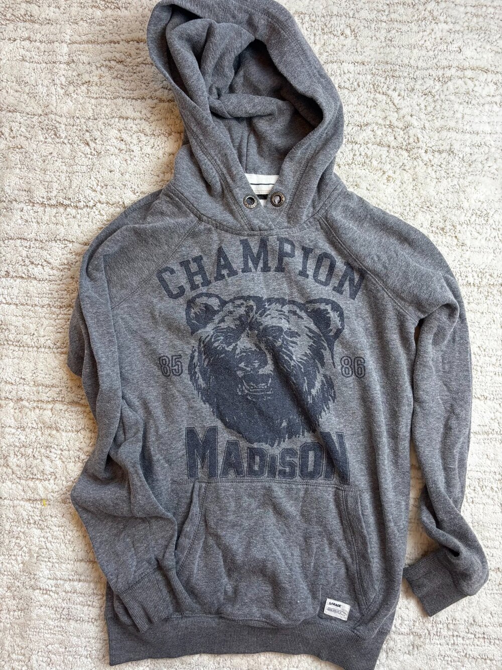 Garage Madison Bear Hoodie Gray Boyfriend XS TP